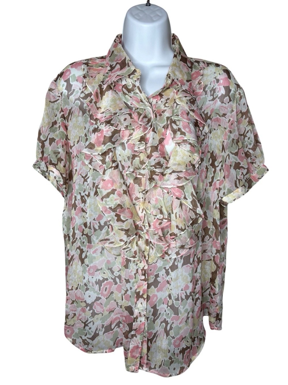 Lauren Ralph Lauren Semi Sheer Blouse Ruffle Front Placket Women’s XL Office